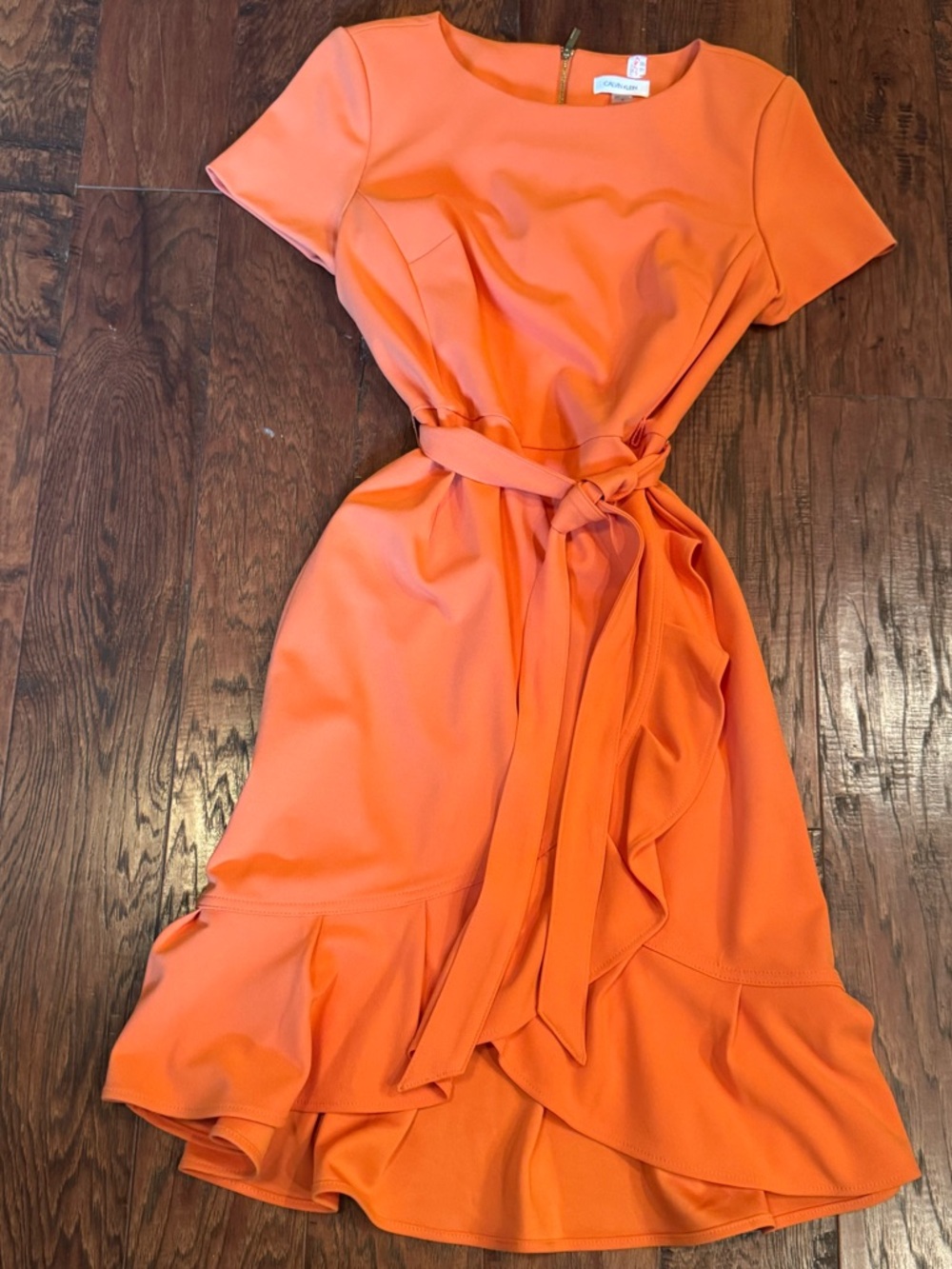 Calvin Klein Orange Tie-Waist Ruffle Midi Dress